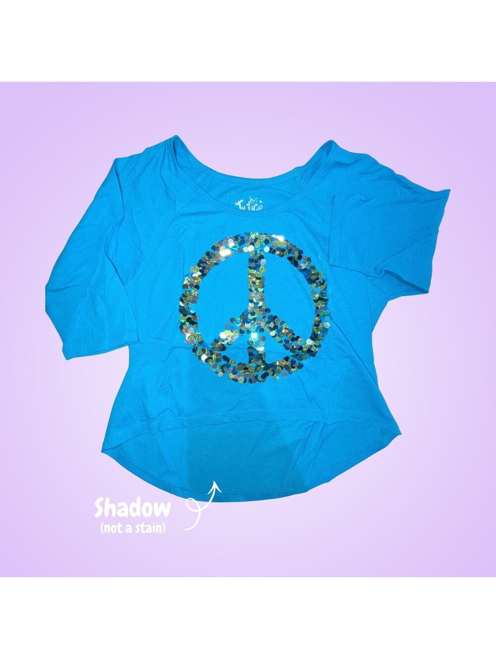 Justice Girls Size 10 Bright Blue Sequin Peace Sign High-Low Long Sleeve Top